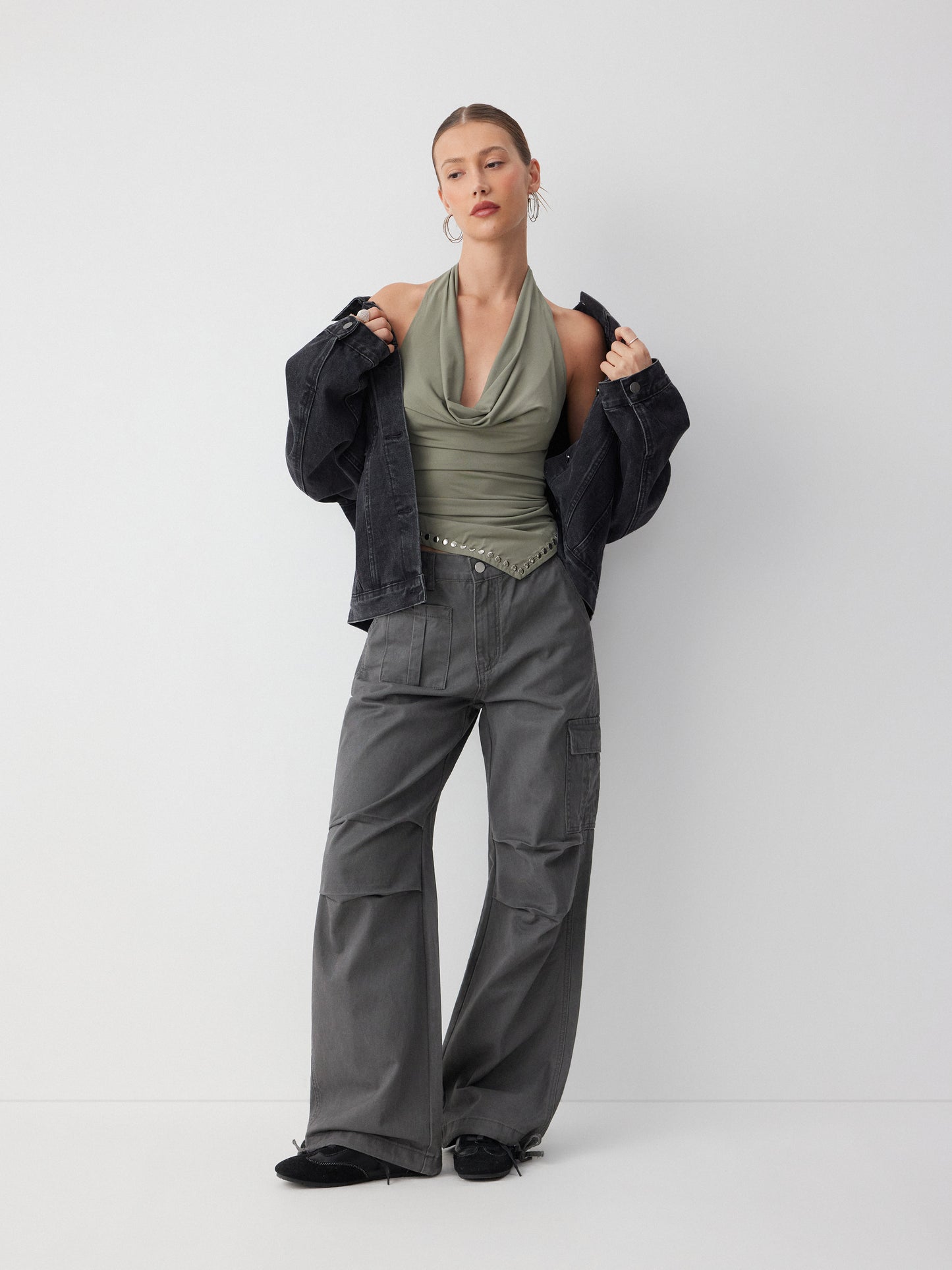 Cider Denim Low Rise Drawstring Wide Leg Cargo Jeans