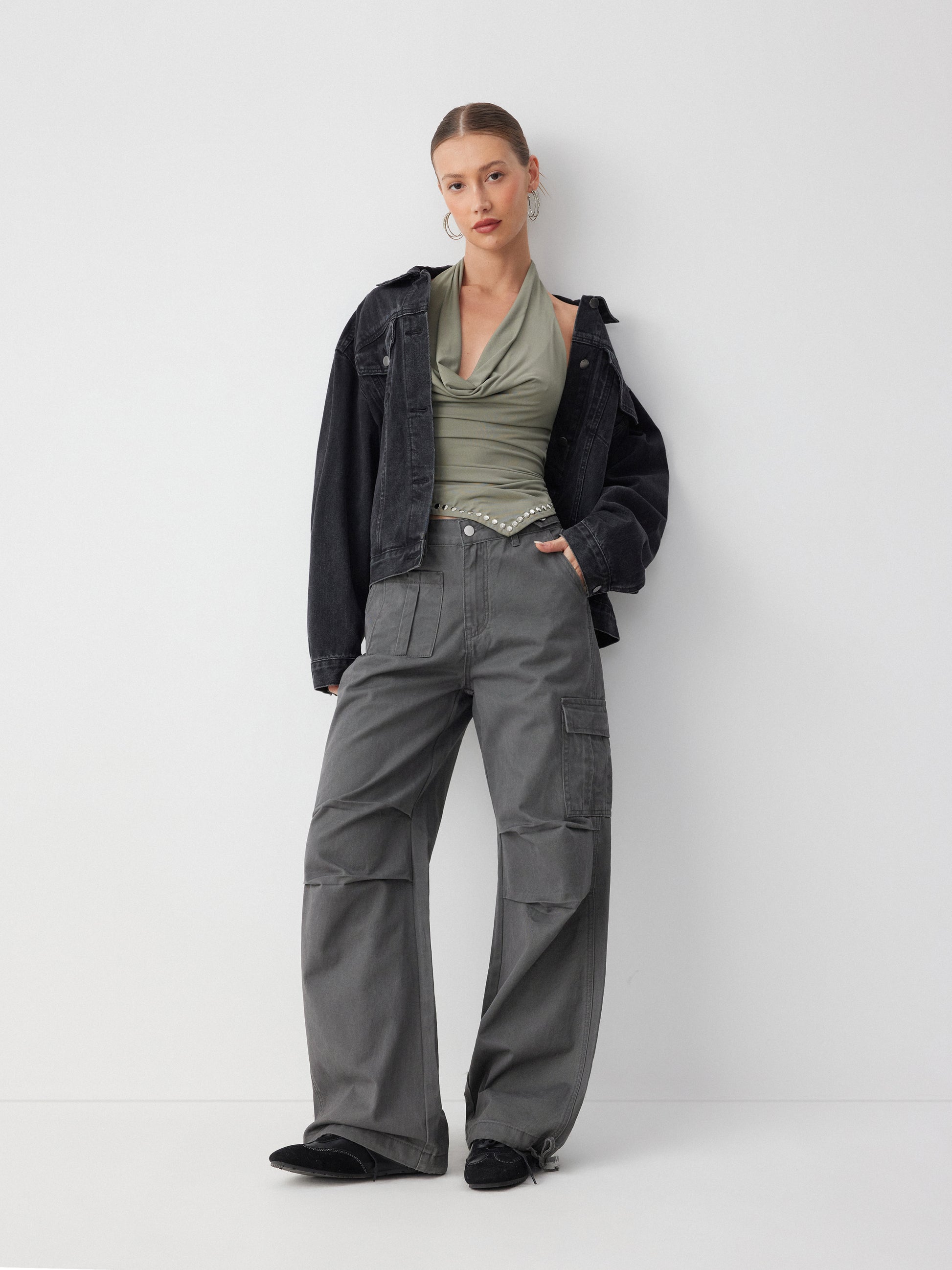 Cider Denim Low Rise Drawstring Wide Leg Cargo Jeans