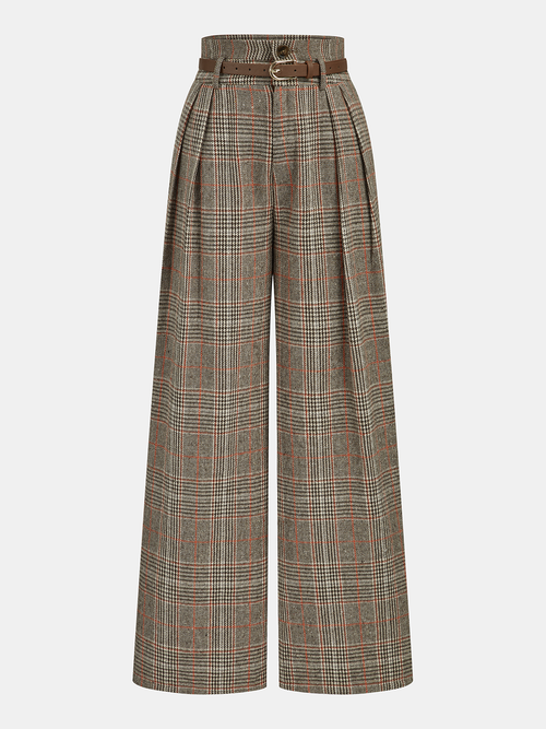 Belted Plaid High-Waisted Pants