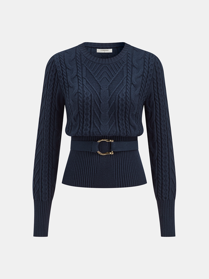 Cinched Waist Belted Cable Knit Top
