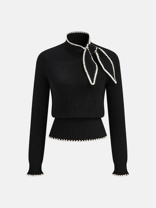Mock Neck Tie Neck Contrast Stitch Sweater