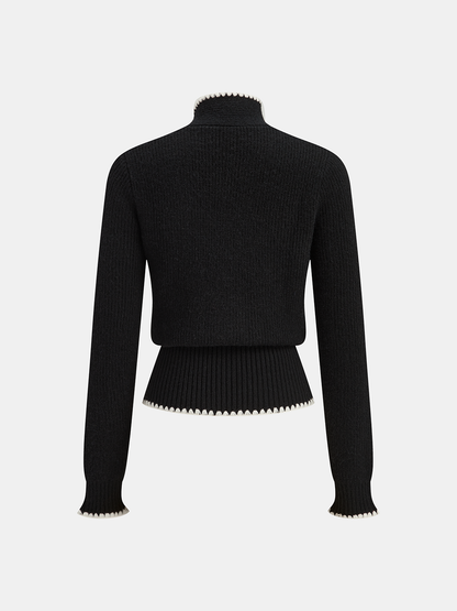 Mock Neck Tie Neck Contrast Stitch Sweater