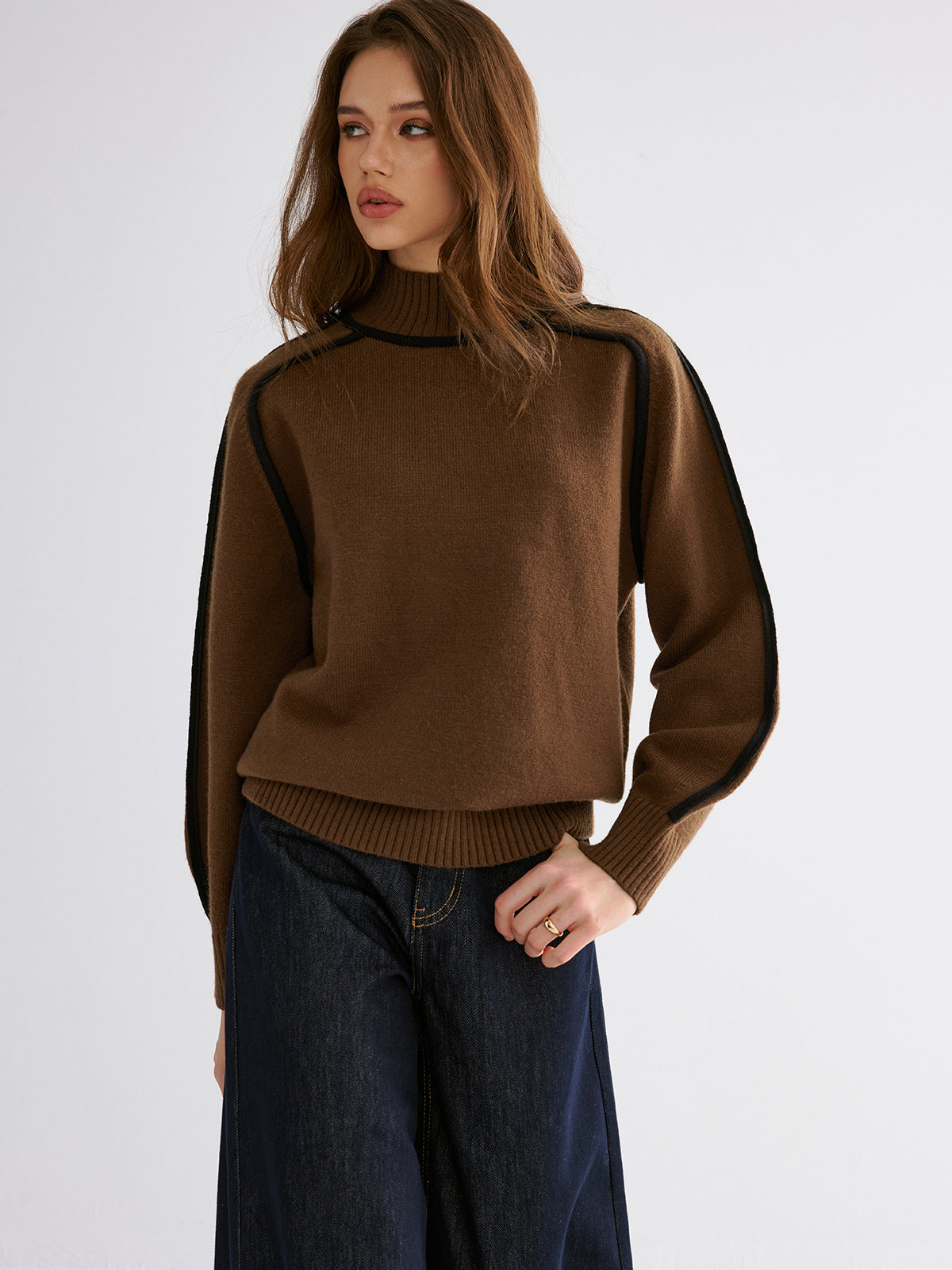 Knit Contrast Binding High Neck Sweater