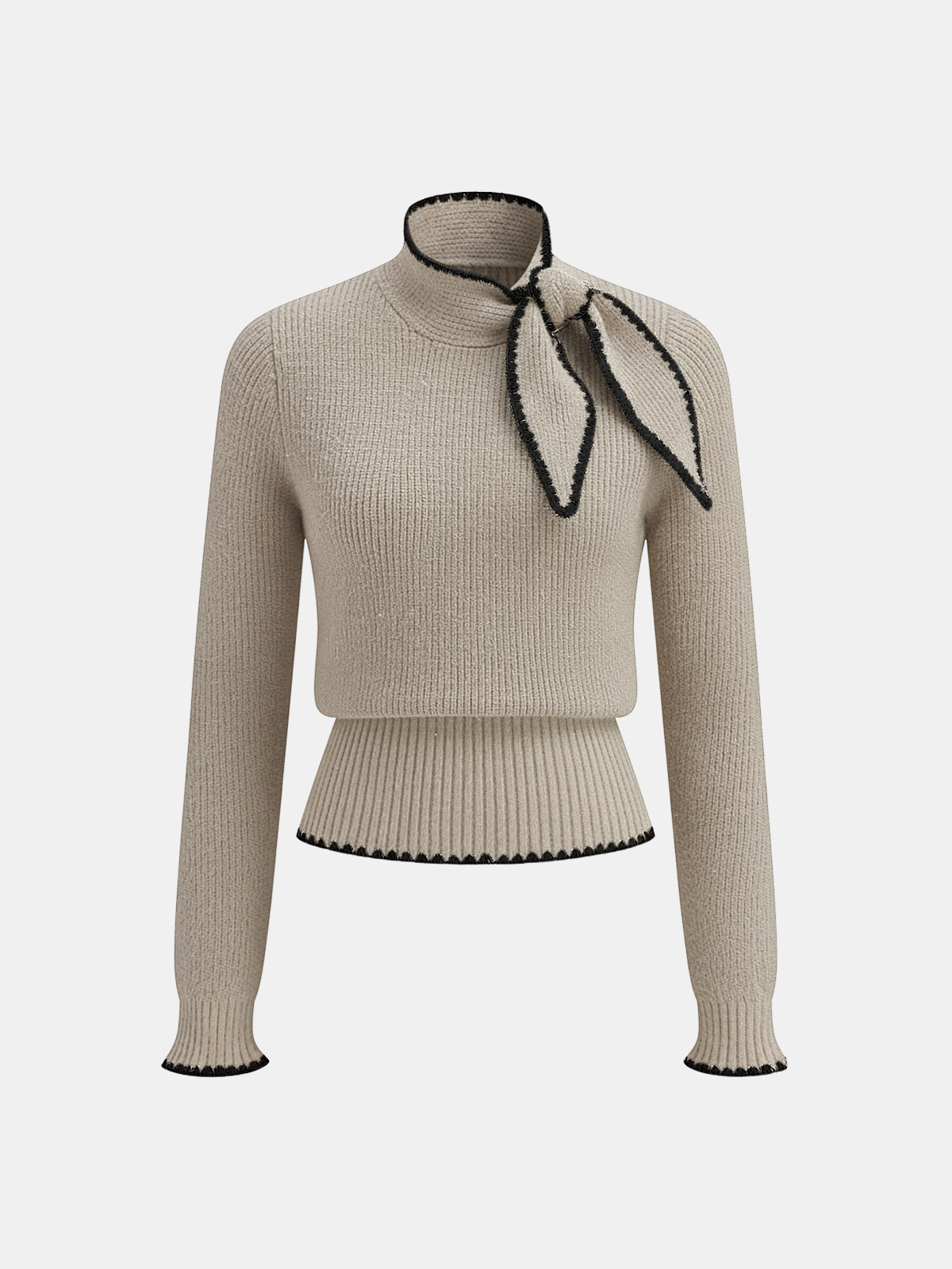 Mock Neck Tie Neck Contrast Stitch Sweater