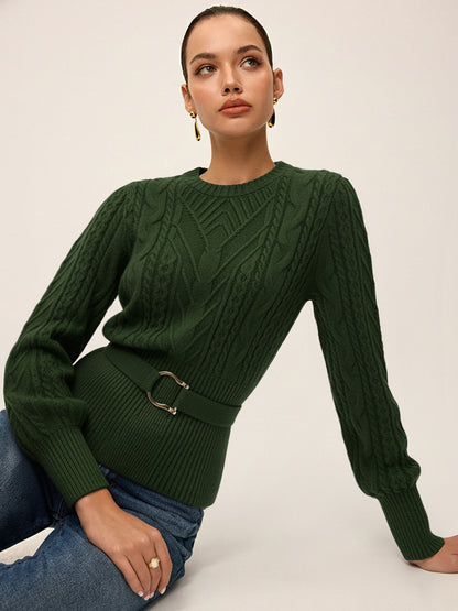 Cinched Waist Belted Cable Knit Top