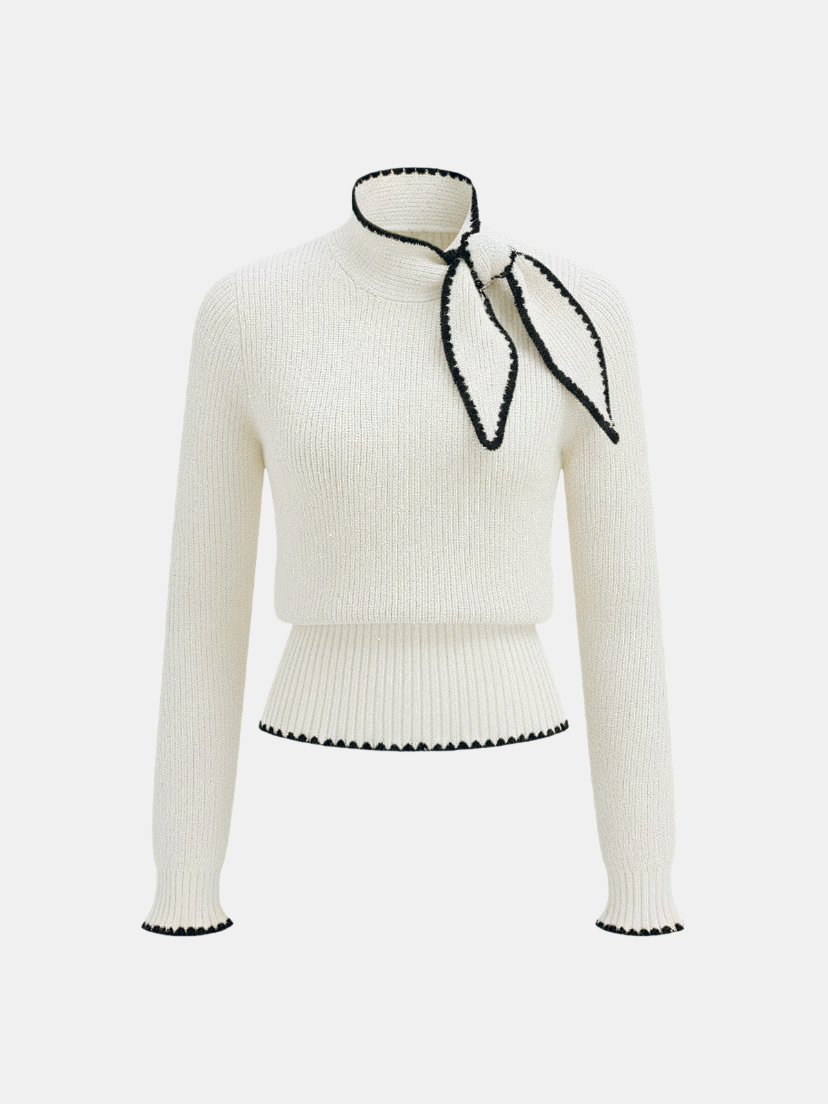 Mock Neck Tie Neck Contrast Stitch Sweater