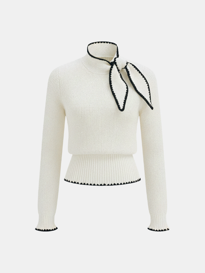 Mock Neck Tie Neck Contrast Stitch Sweater