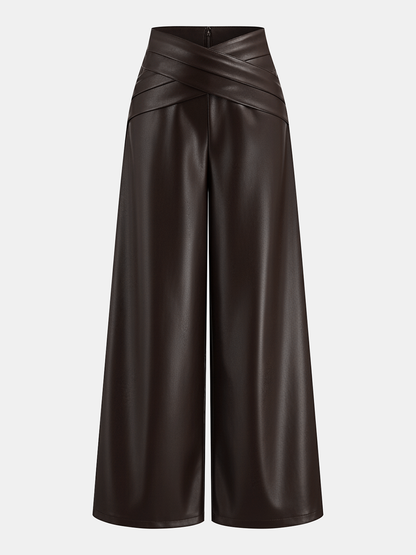 Cross Waistband PU Leather Wide-Leg Pants