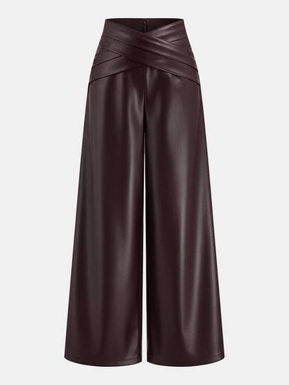 Cross Waistband PU Leather Wide-Leg Pants
