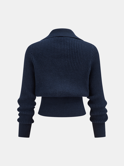 Collared Metal Buckle Ribbed Cropped Sweater
