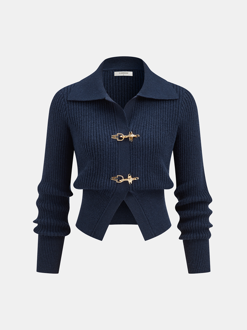 Collared Metal Buckle Ribbed Cropped Sweater