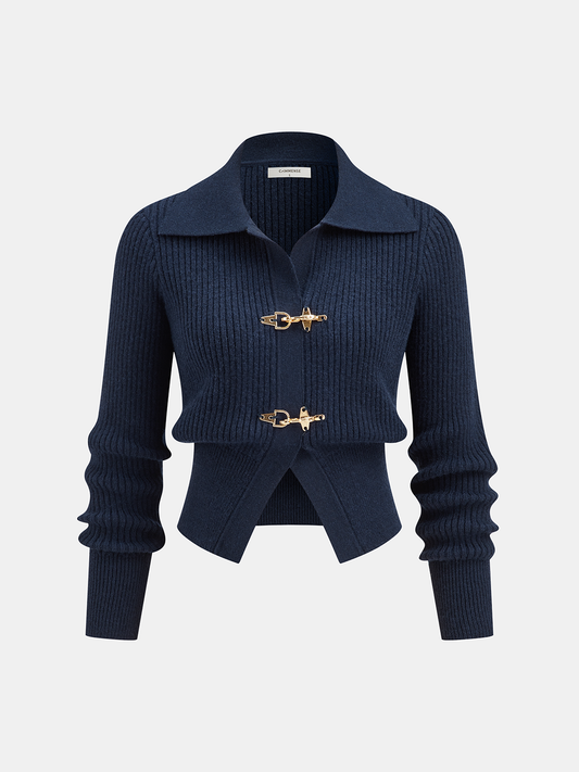 Collared Metal Buckle Ribbed Cropped Sweater