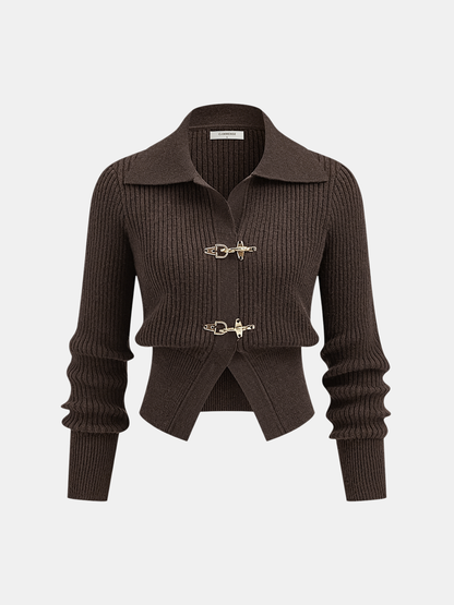 Collared Metal Buckle Ribbed Cropped Sweater