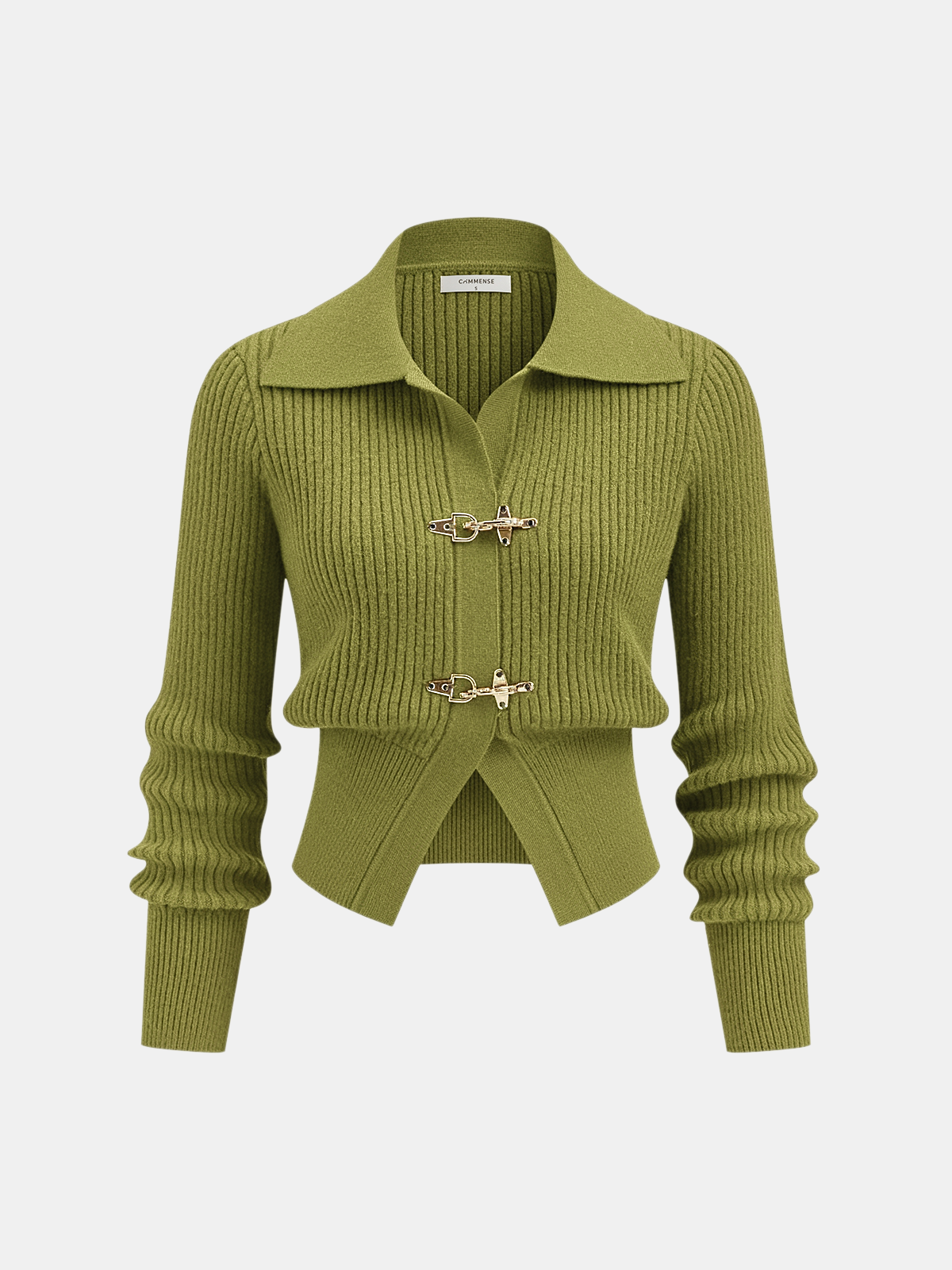Collared Metal Buckle Ribbed Cropped Sweater
