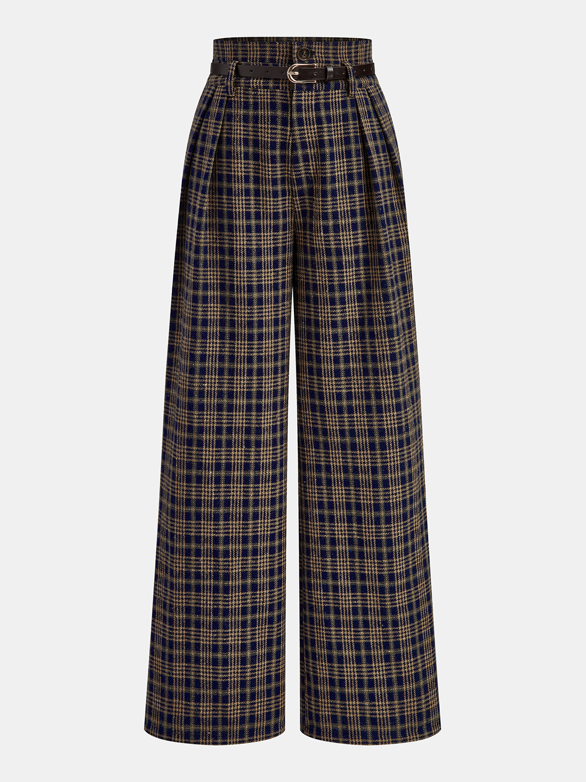 Belted Plaid High-Waisted Pants