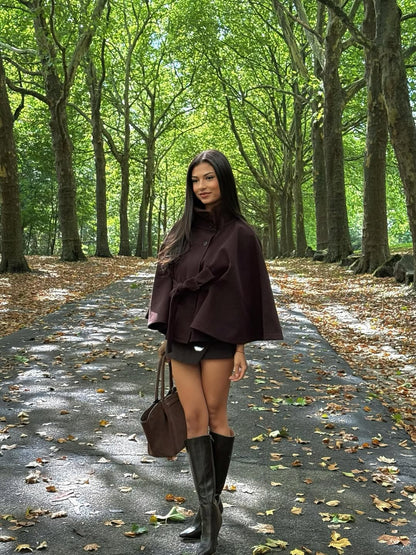 Arianne High-Neck Belted Cape Jacket