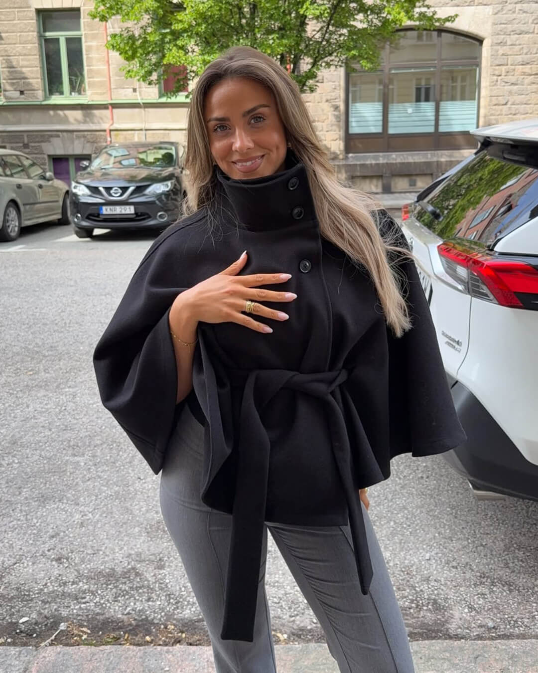 Arianne High-Neck Belted Cape Jacket