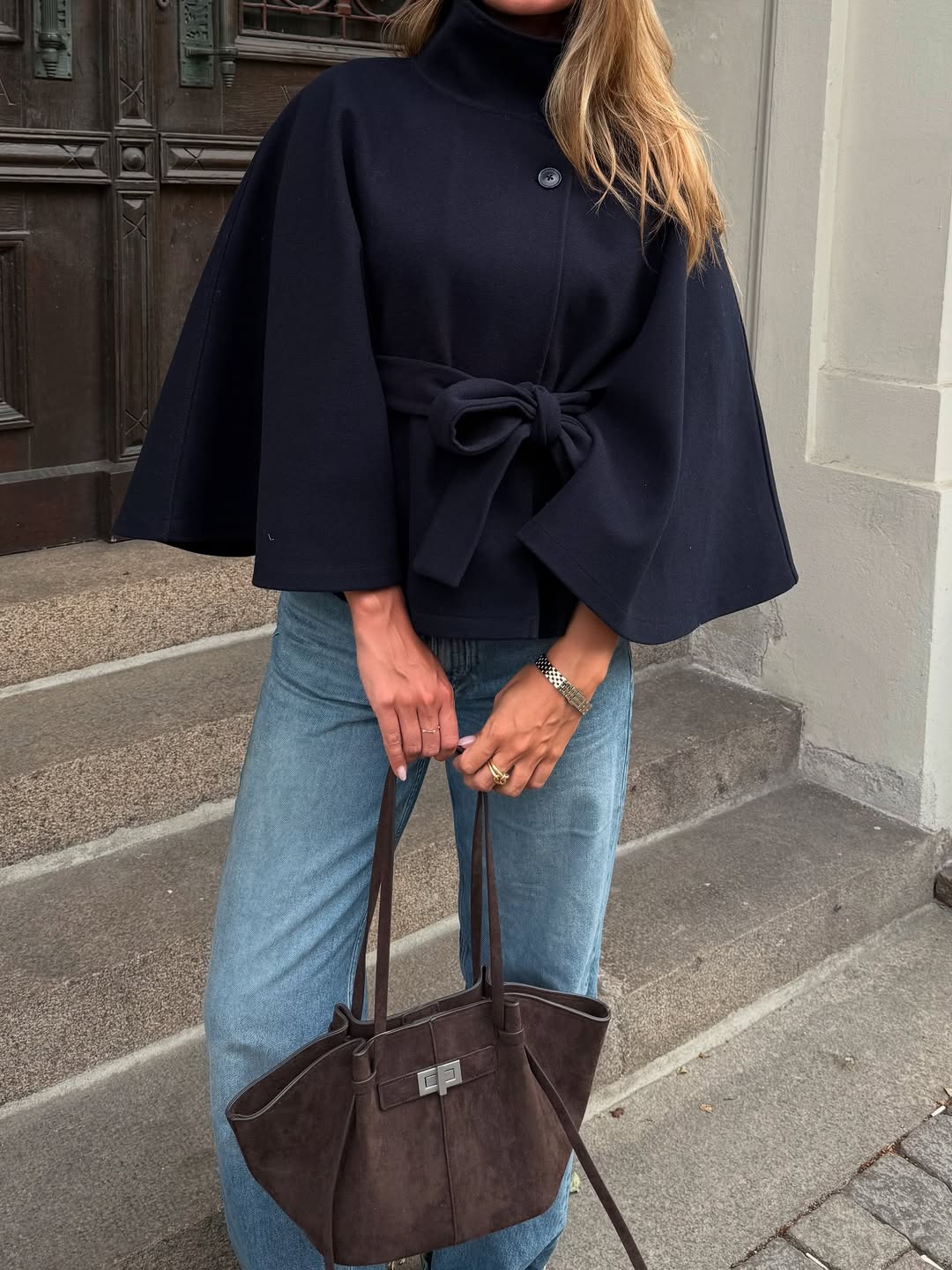 Arianne High-Neck Belted Cape Jacket